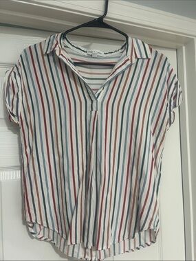 Alex & Jordan Striped Short-Sleeve Collared Top - White with Red & Blue Stripes